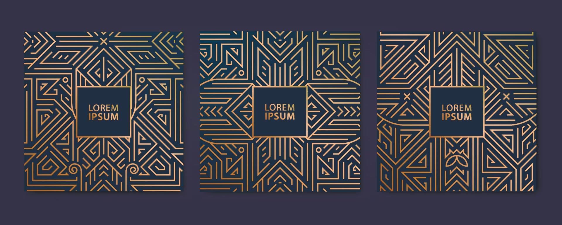 Vector set of luxury cover templates, square line art deco patterns. Design elements for placards, banners, flyers, presentations and cards.