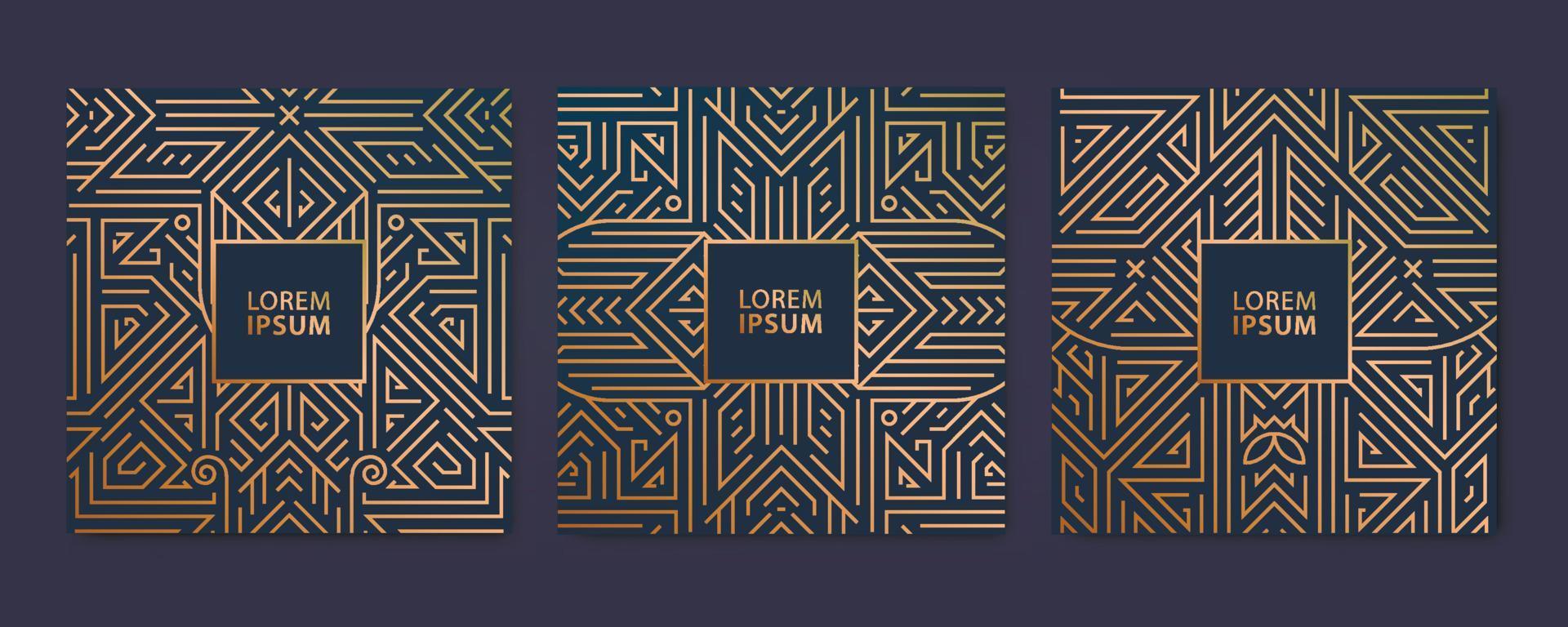 conjunto vectorial de plantillas de portada de lujo, patrones art deco de línea cuadrada. elementos de diseño para pancartas, pancartas, volantes, presentaciones y tarjetas. vector