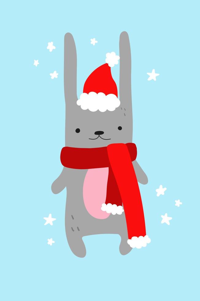 Cute grey rabbit in a Santa hat and red scarf. Flat doodle christmas winter vector. Cartoon animal character for kids, nursery decoration, baby shower, greeting card, invitation. vector