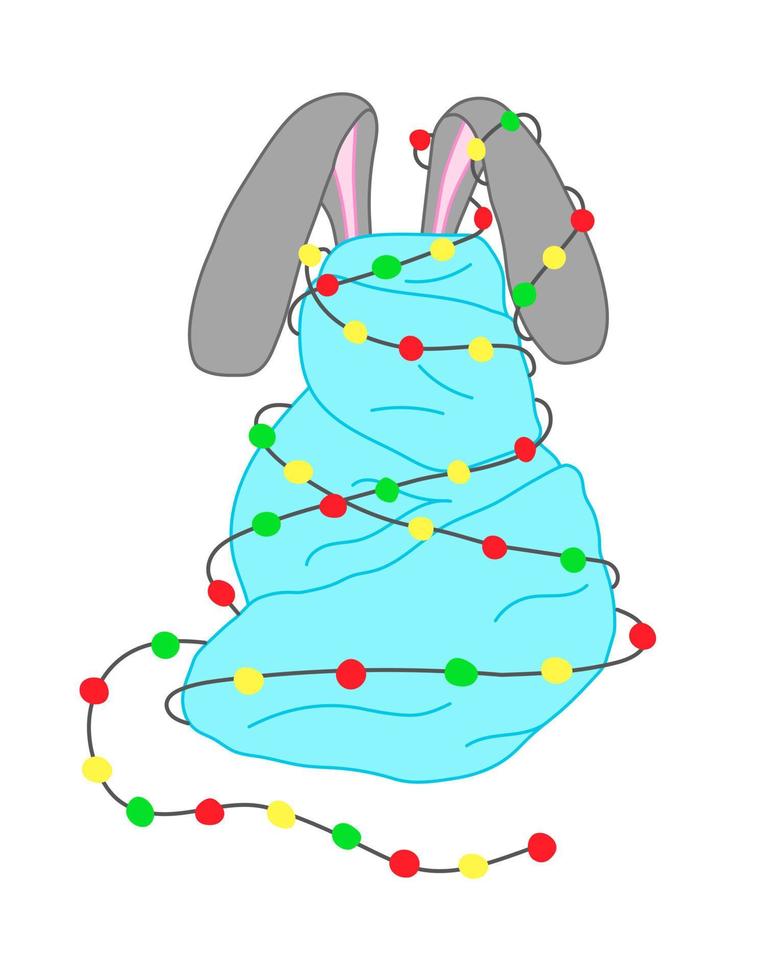 A rabbit wrapped in a blanket and a Christmas garland. The rabbit ears stock out. Cartoon hand drawn doodle holiday vector