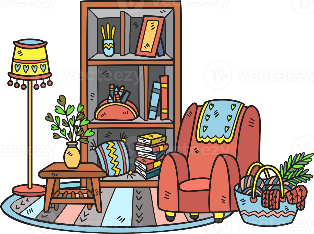 hand- getrokken sofa en schappen interieur kamer illustratie png