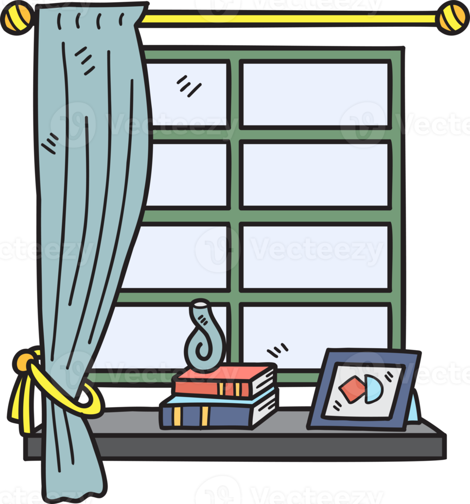 Hand Drawn Window with curtains and picture frames illustration png