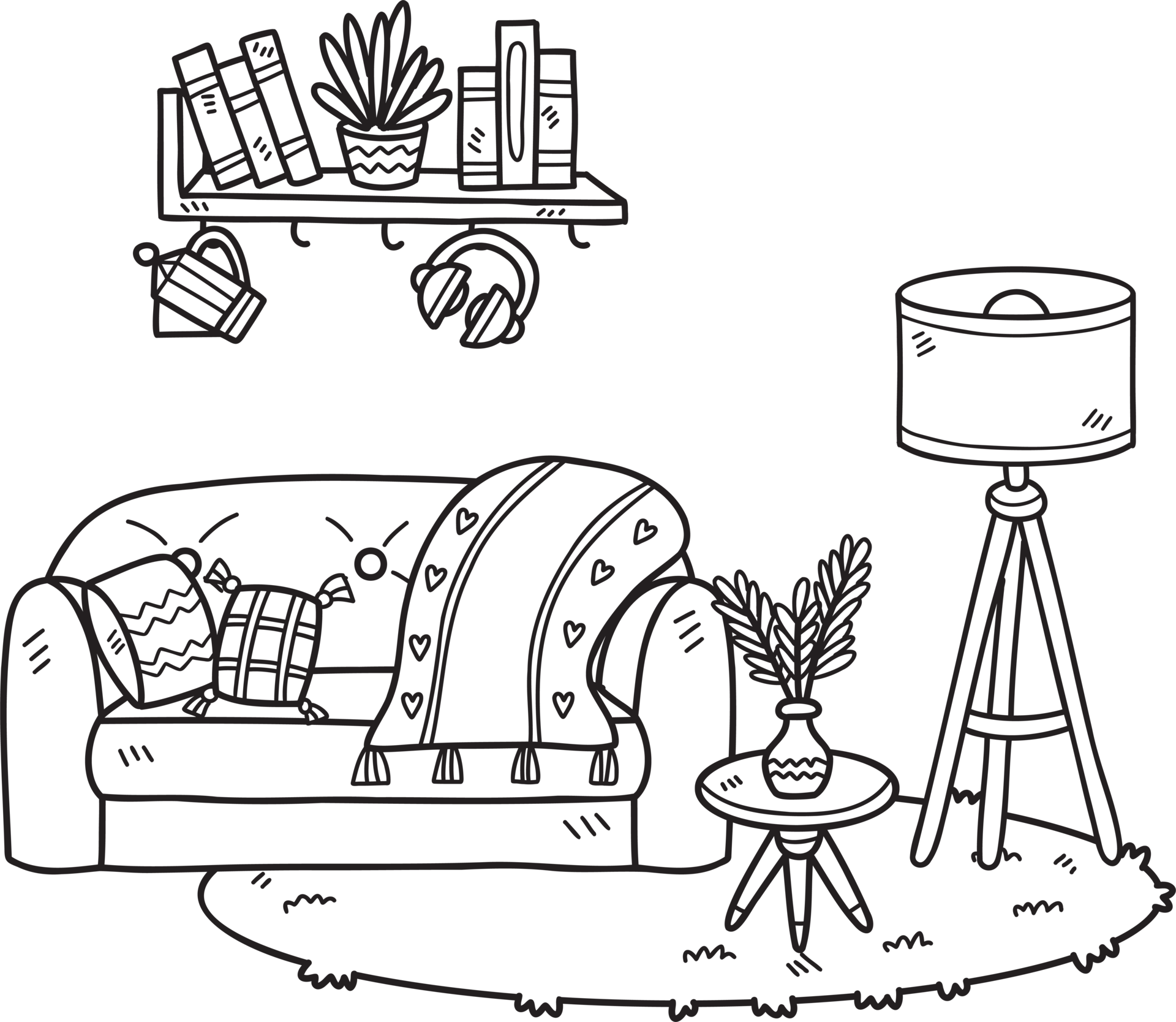 Hand Drawn couch with lamps on the carpet interior room illustration