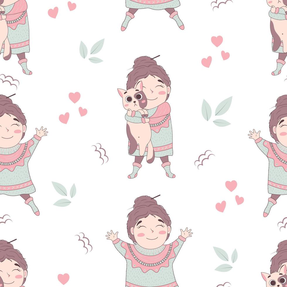 Seamless children's pattern with a cute cartoon doodle girl in a voluminous ugly hygge sweater with a bun on her head hugs a cat, spread her arms and legs rejoices vector