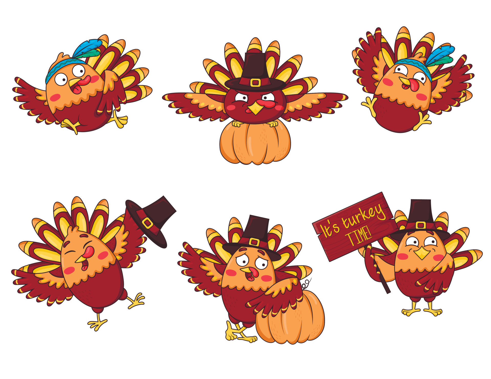 Bundle of cartoon funny turkeys in different poses wearing a pilgrim's hat and headband of an Indian with feathers with pumpkins and a wooden sign 14967723 Vector Art at Vecteezy Bundle of cartoon funny turkeys in different poses wearing a pilgrim's hat and headband of an Indian with feathers with pumpkins and a wooden sign 14967723 Vector Art at Vecteezy