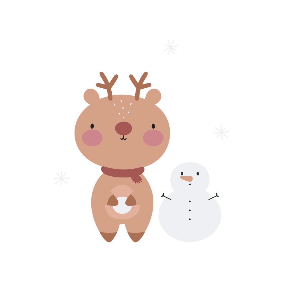 Cute Deer and snowman. Cartoon style. Vector illustration. For card, posters, banners, books, printing on the pack, printing on clothes, fabric, wallpaper, textile or dishes.