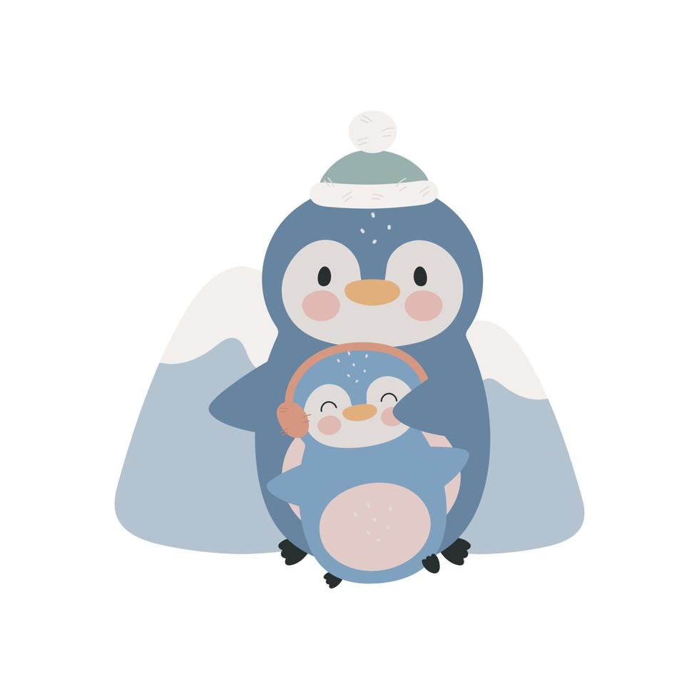 Cute Penguin and baby. Cartoon style. Vector illustration. For card, posters, banners, books, printing on the pack, printing on clothes, fabric, wallpaper, textile or dishes.
