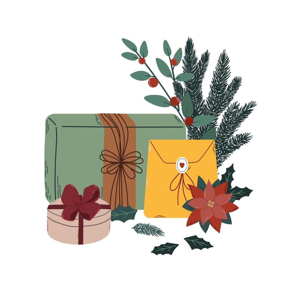 conjunto de diferentes regalos de navidad con ramas de abeto, ramas con bayas rojas y una flor de nochebuena. ilustración de vector plano de color aislado. para tarjeta de felicitación, afiche, impresión