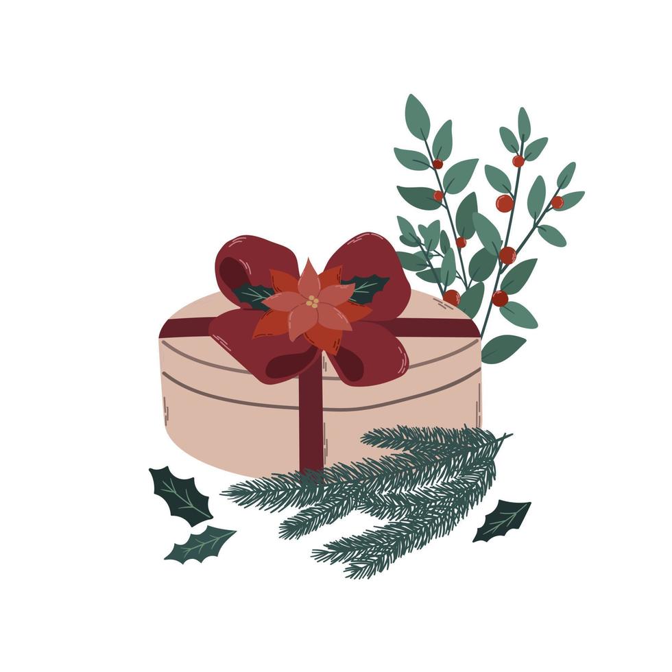 Christmas gift in the form of a round box with a red bow, fir branches, branches with red berries and a poinsettia flower. Isolated color flat vector illustration. For greeting card, poster, print