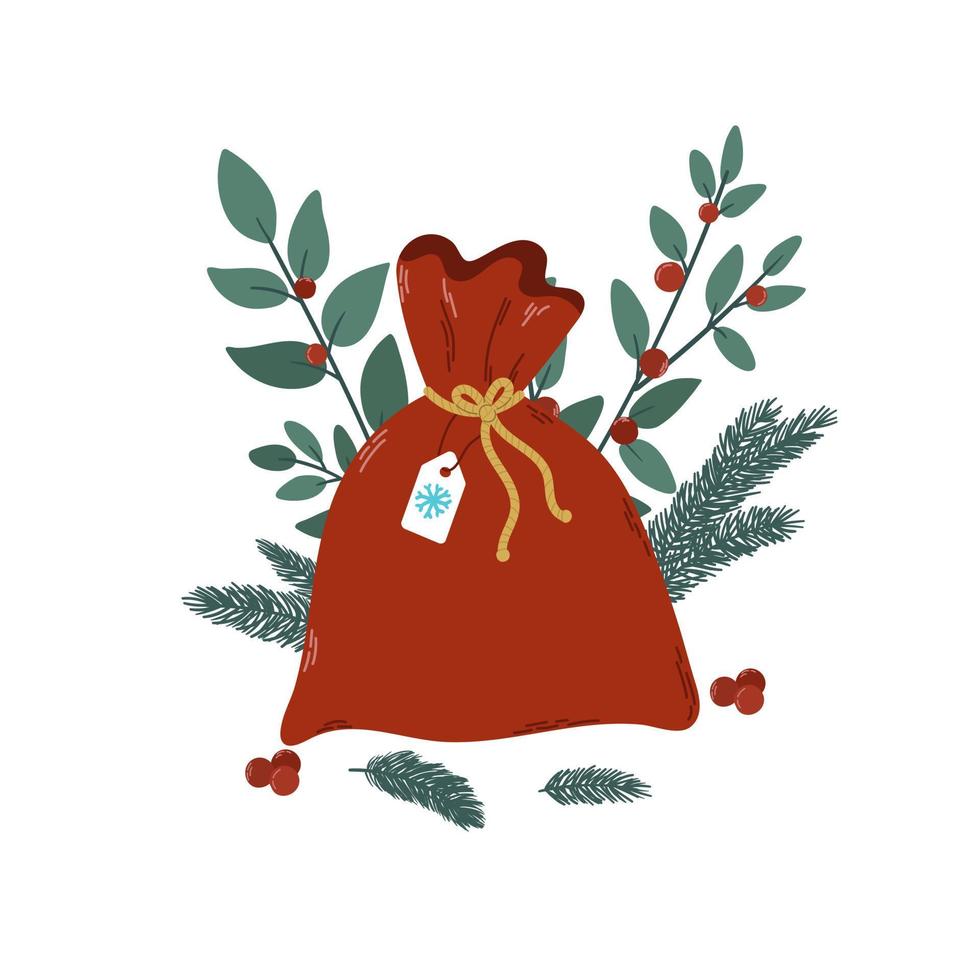 Christmas gift in the form of a red bag with ties, fir branches, branches with red berries. Isolated color flat vector illustration. For greeting card, poster, print