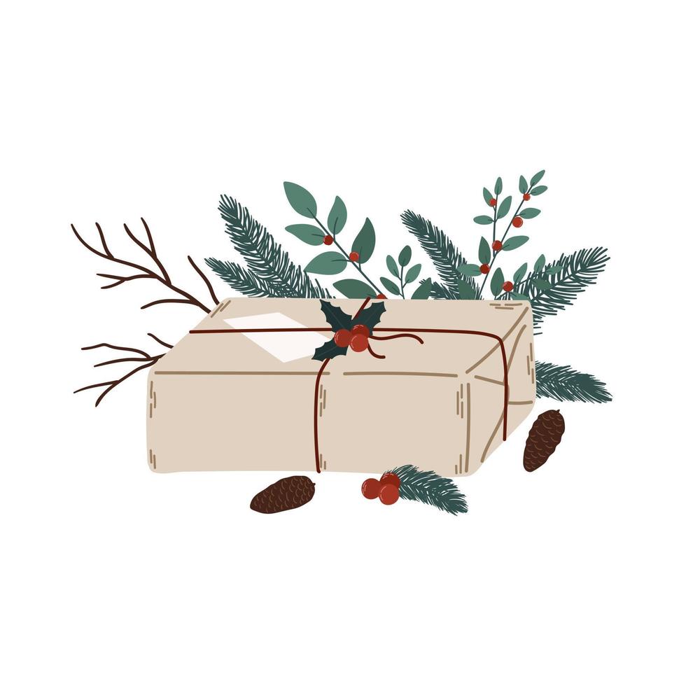 Christmas gift in craft paper with holly berries and holly leaves, fir branches, pine cones and branches with red berries. Isolated color flat vector illustration. For greeting card, poster, print