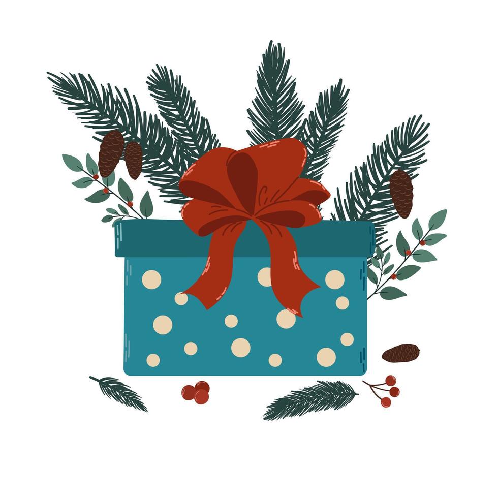 A Christmas gift in the form of a blue box with a large red bow, fir branches, branches with red berries and pine cones. Isolated color flat vector illustration. For greeting card, poster, print