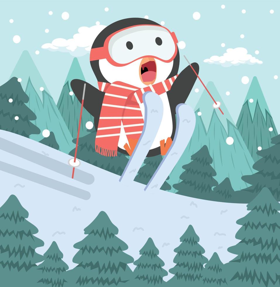 Cute penguin  skiing with tree vector