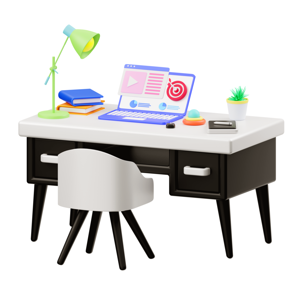 Illustration 3d d'un bureau avec un ordinateur portable et une illustration de marketing numérique png