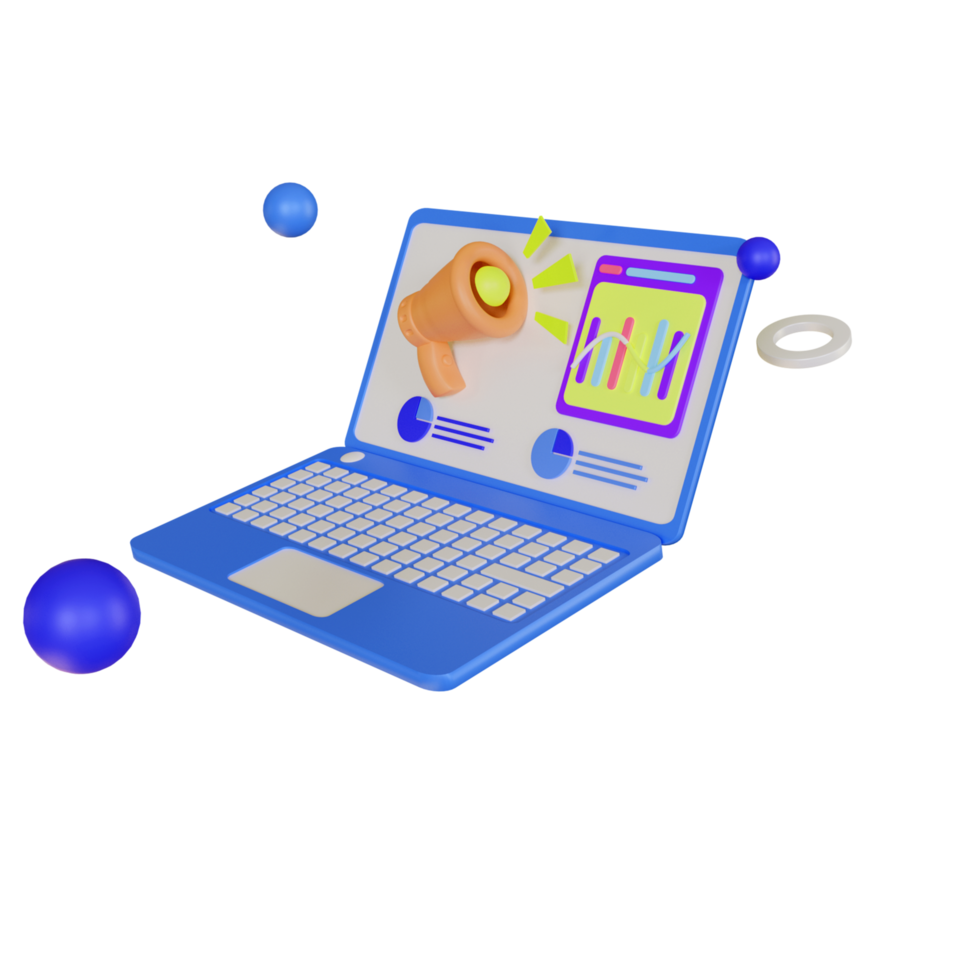 laptop 3d com ilustração 3d de marketing digital png