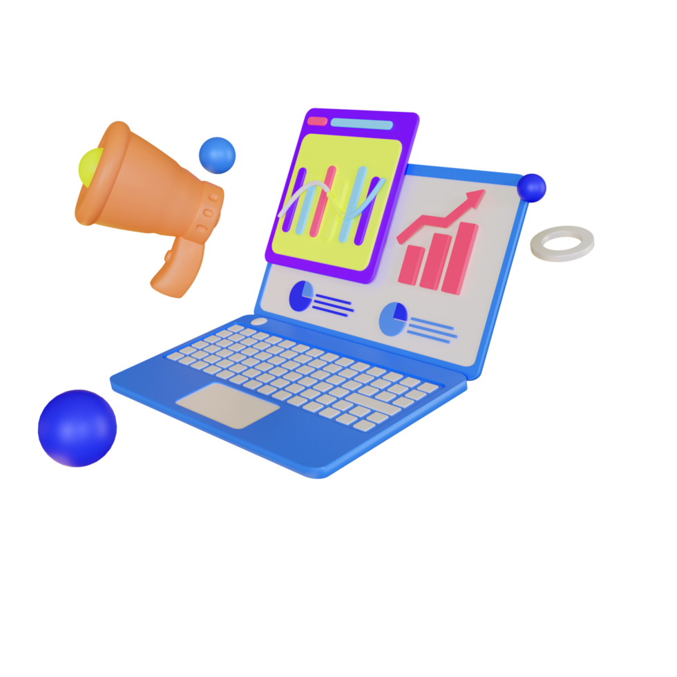 3d laptop with digital marketing 3d illustration png