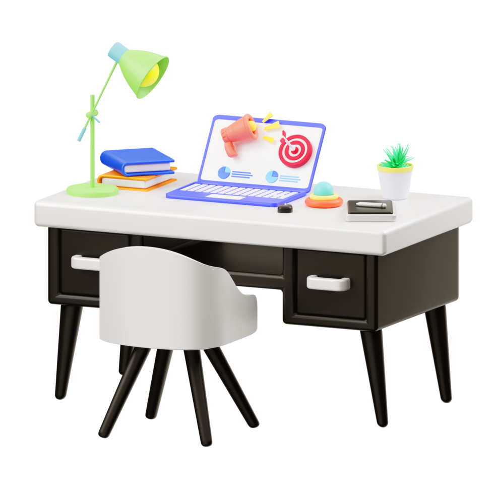 3d illustration of a desk with a laptop and digital marketing illustration png