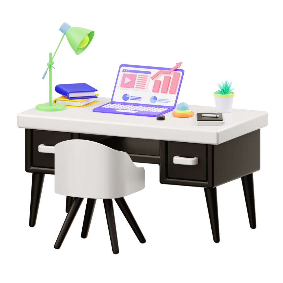 3d illustration of a desk with a laptop and digital marketing illustration png