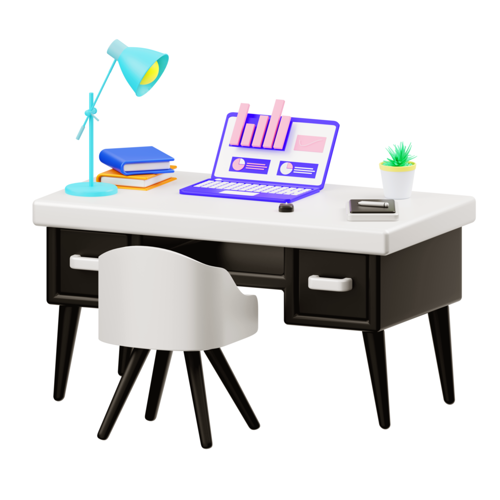 Ilustração 3D de uma mesa com um laptop e ilustração de marketing digital png