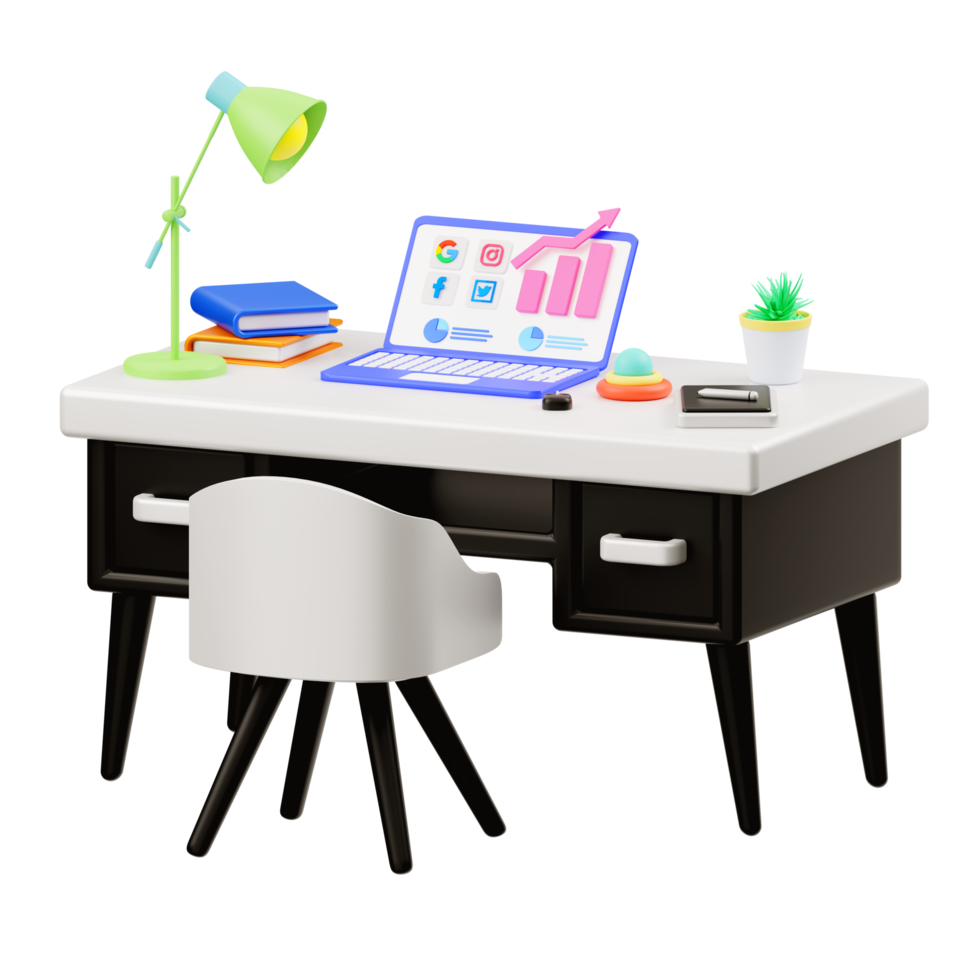 Ilustração 3D de uma mesa com um laptop e ilustração de marketing digital png