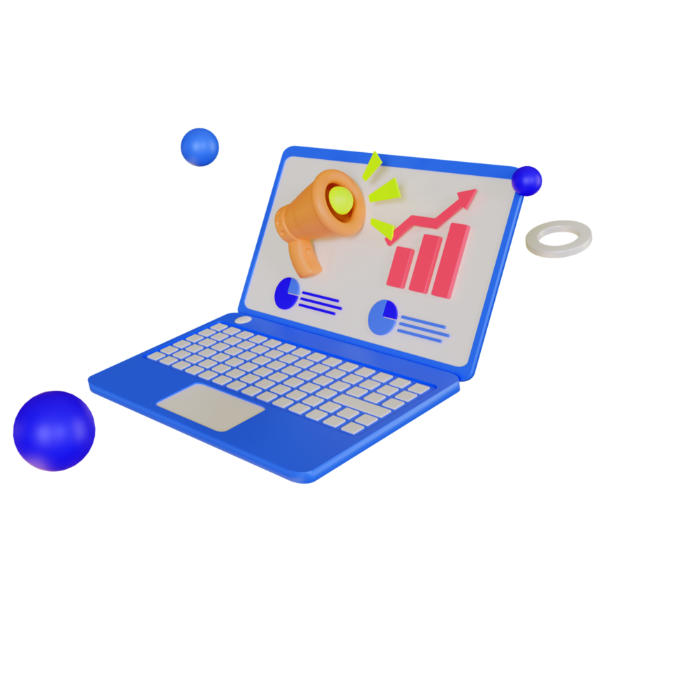 3d laptop with digital marketing 3d illustration png