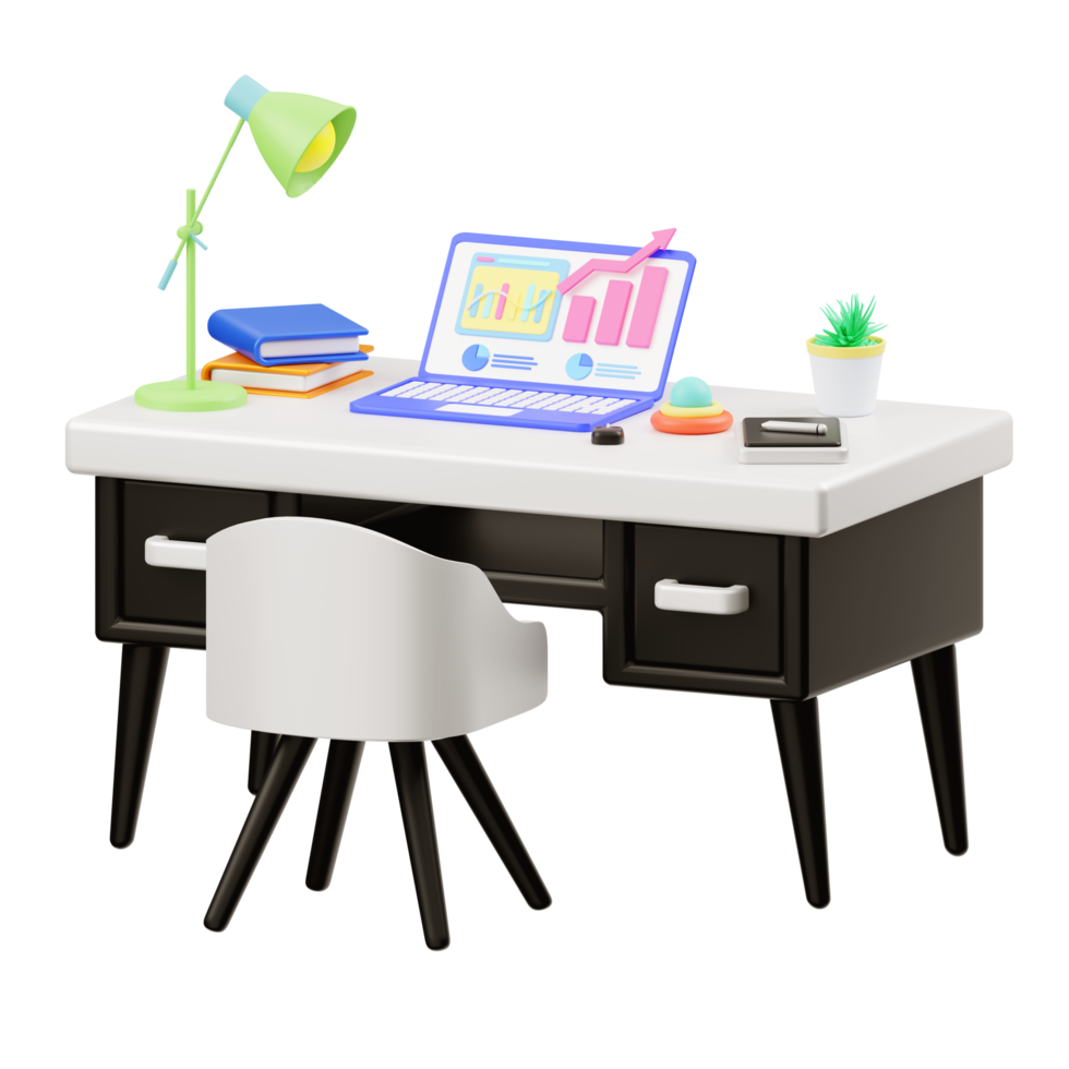 3d illustration of a desk with a laptop and digital marketing illustration png