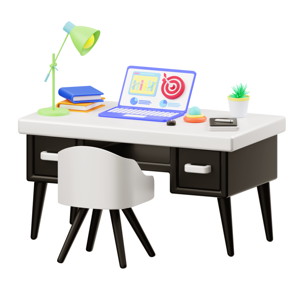 Ilustração 3D de uma mesa com um laptop e ilustração de marketing digital png