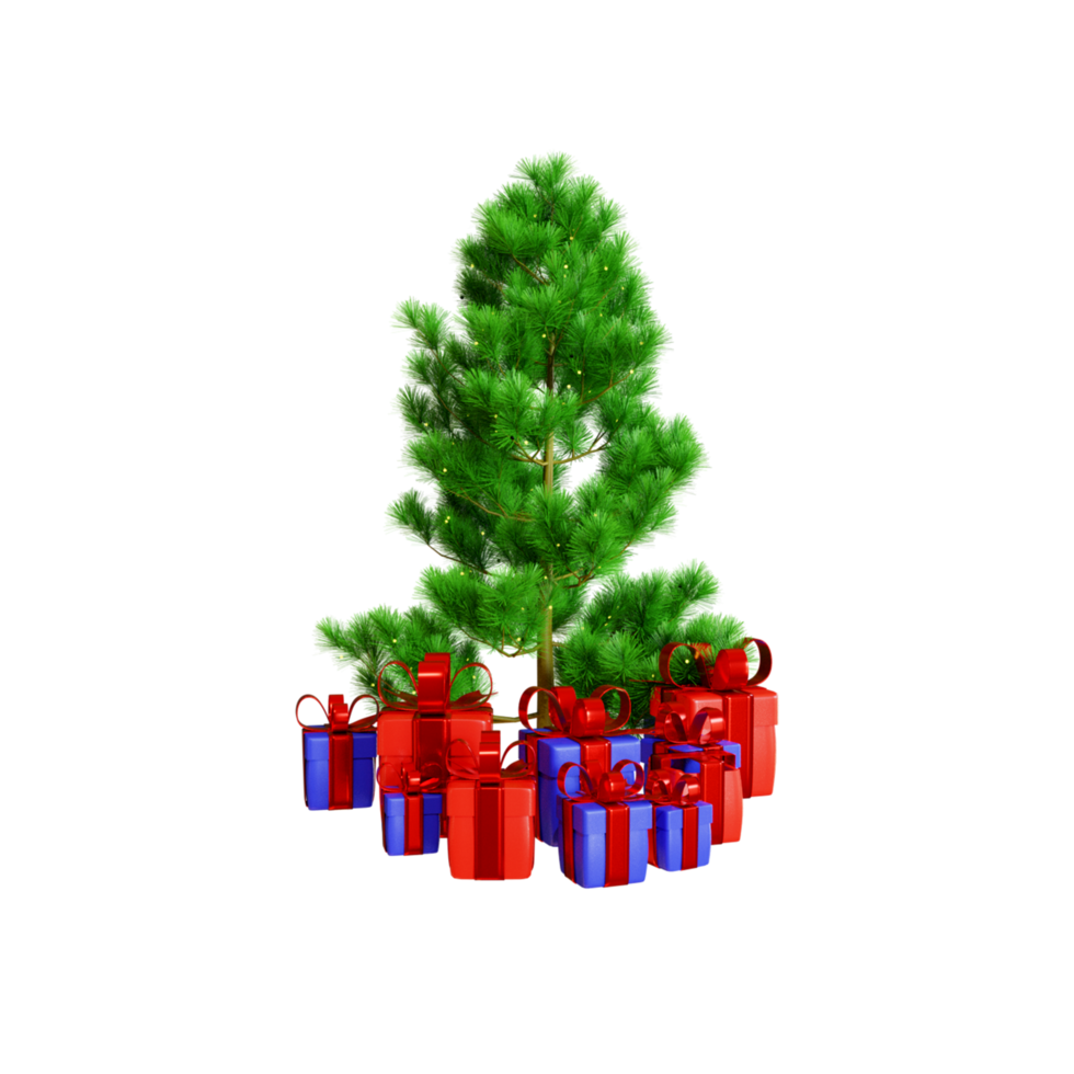 joyeux noël arbre 3d et illustration de boîte cadeau png