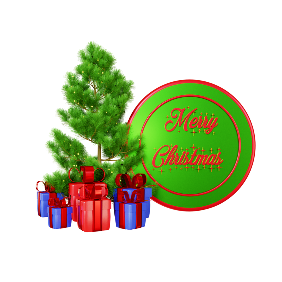 joyeux noël arbre 3d et illustration de boîte cadeau png