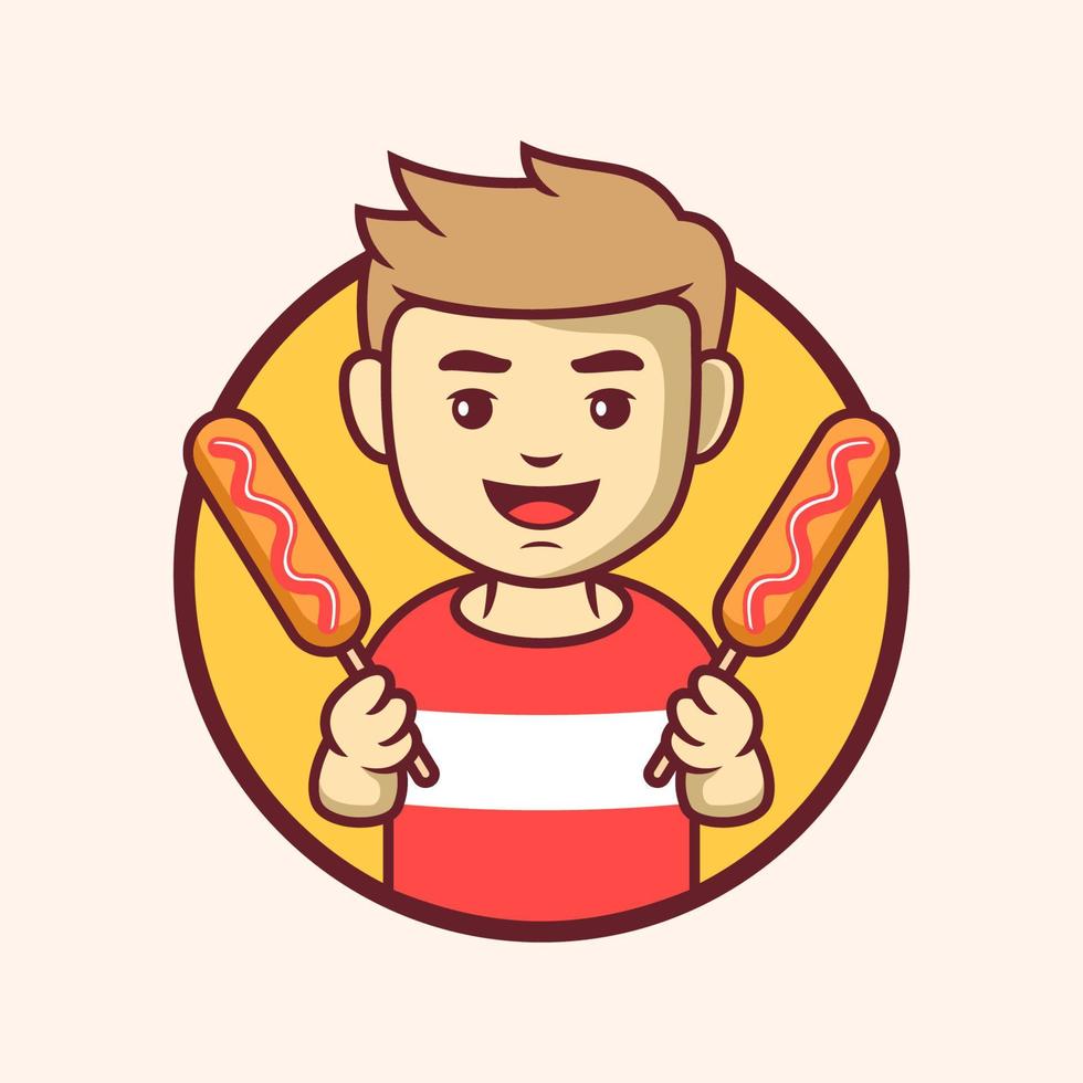 Corn dog street food logo with cute cartoon boy vector