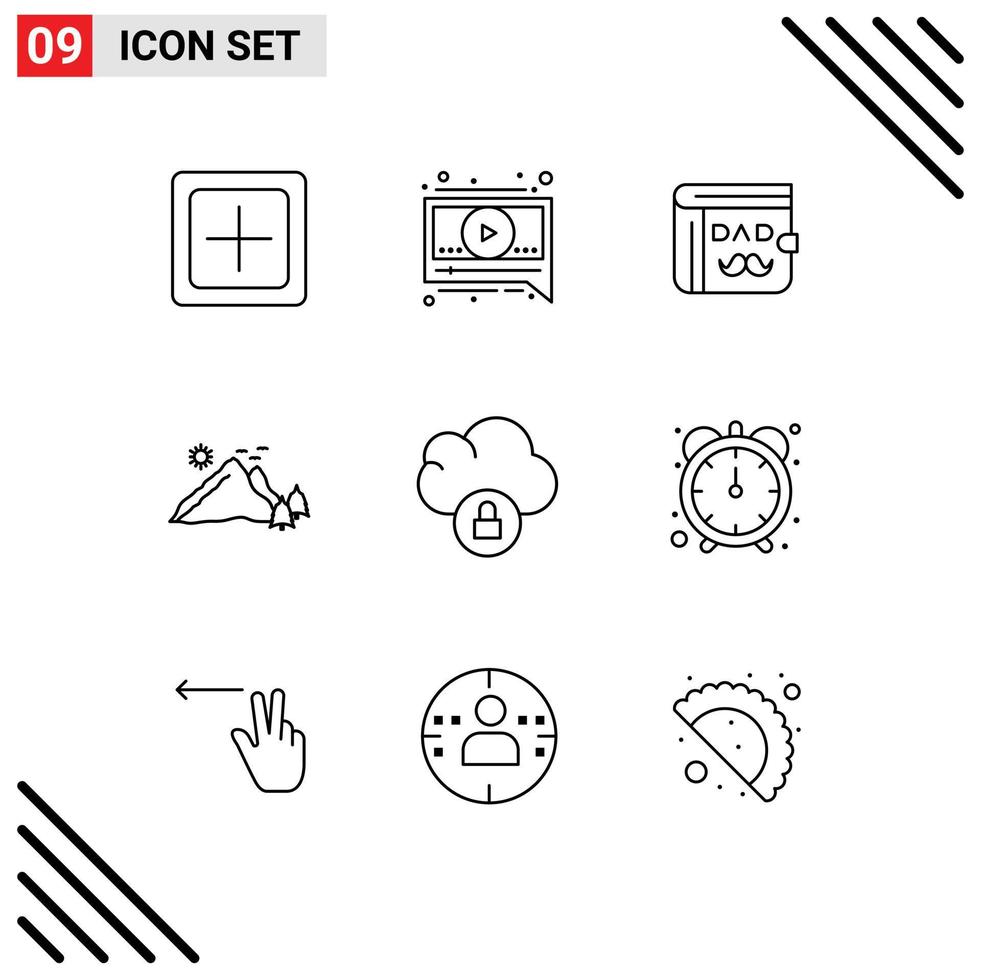 Group of 9 Modern Outlines Set for cloud nature wallet hill mountain Editable Vector Design Elements