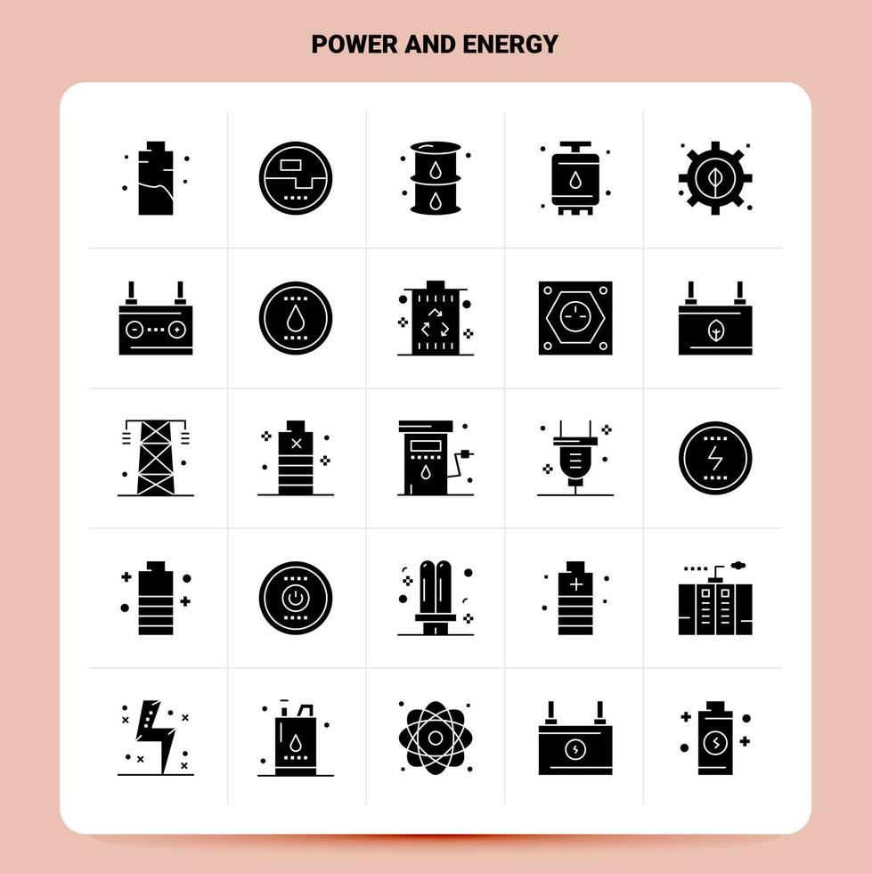 sólido 25 conjunto de iconos de potencia y energía. conjunto de iconos negros de diseño de estilo de glifo vectorial. ilustración vectorial de diseño de ideas de negocios web y móviles. vector