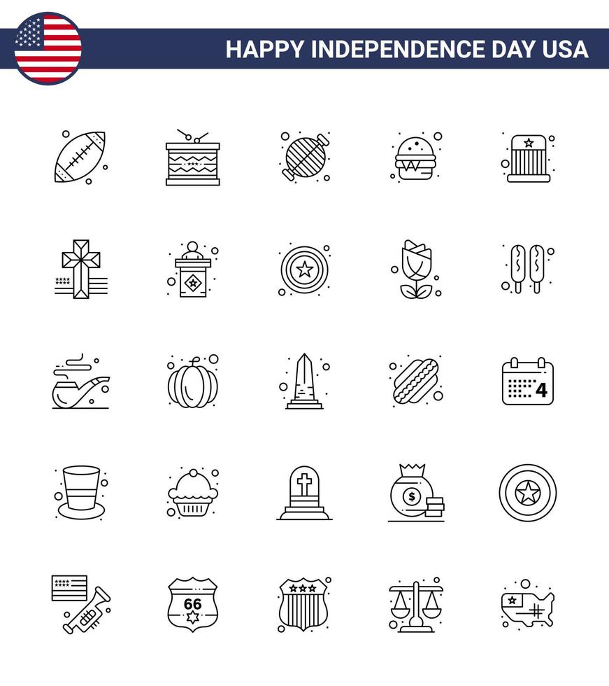 Editable Vector Line Pack of USA Day 25 Simple Lines of meal fast st burger grill Editable USA Day Vector Design Elements