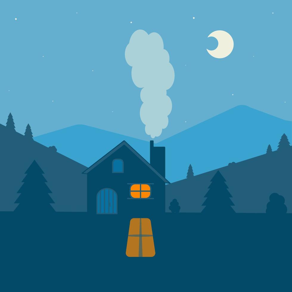 Winter house with burning light from the window and smoke from the chimney. Vector illustration