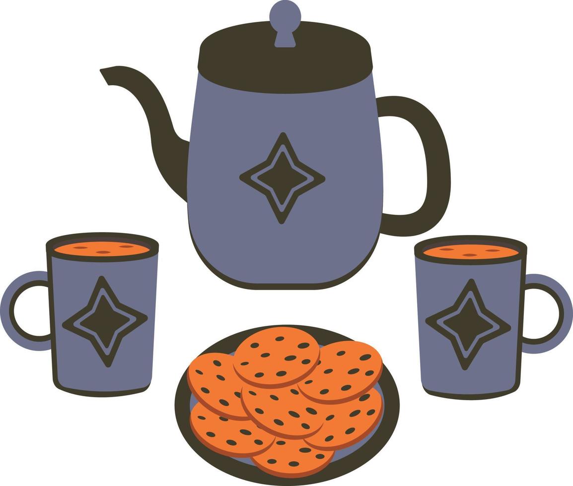 Blue mugs with tea and plate with oatmeal cookies. Vector flat
