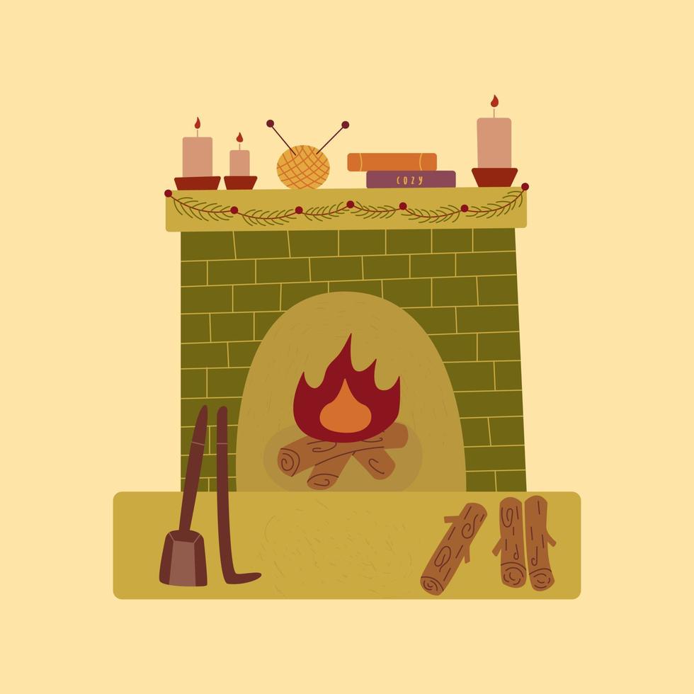 Cozy fireplace. Hand drawn vector. Decorated fireplace mantle vector