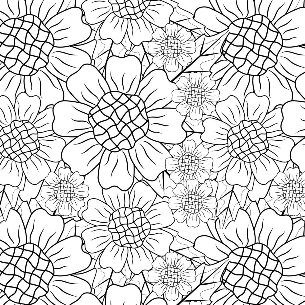 Sun Flowers and Leave Hand Draw For Coloring Book. vector