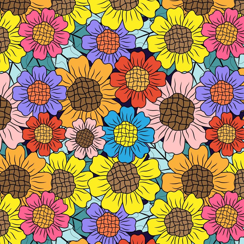Sun Flowers and Leave Hand Draw Flower Painted Seamless Pattern. vector