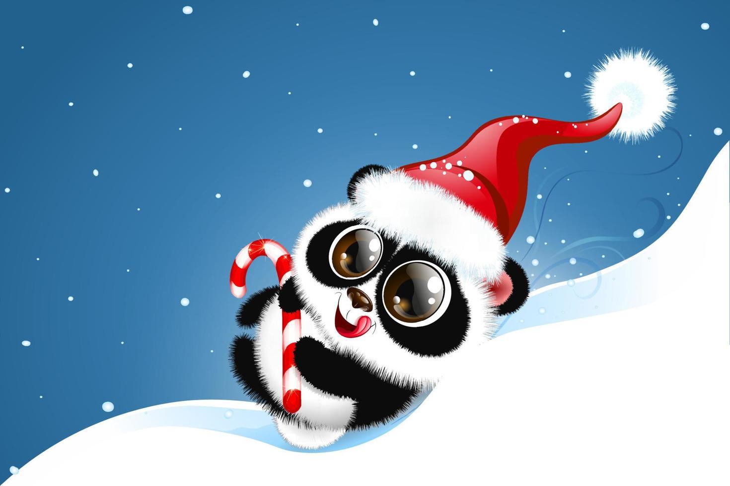 Cute fluffy cartoon little Panda in Santa hat with candy cane in his paws going down the hill vector