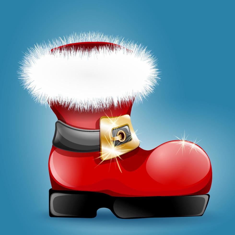 Cartoon red Santa boot with fur and golden belt. Christmas concept. vector