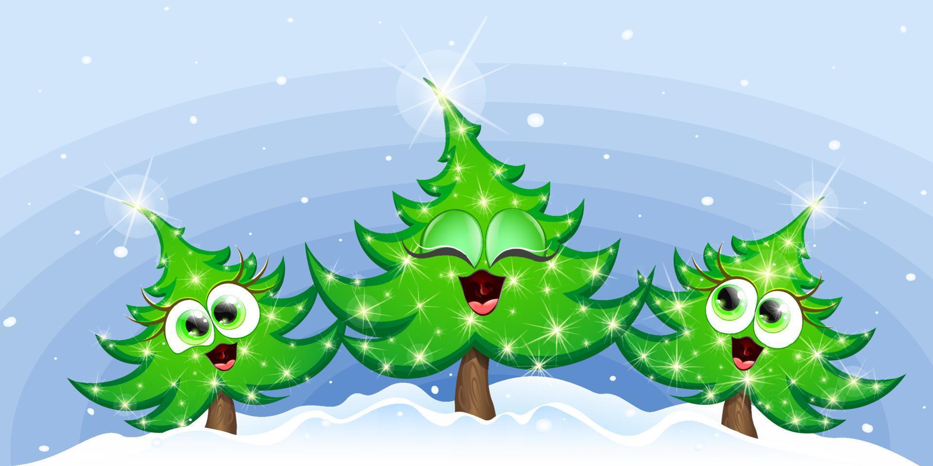 Cute cartoon funny three Christmas fir trees  singing under snowfall vector