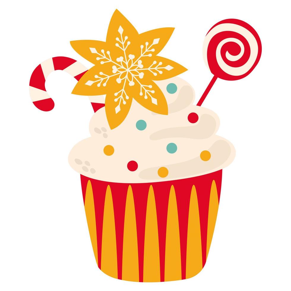 Christmas cupcake with lollipop and gingerbread. White background, isolate. Draw style. vector illustration.