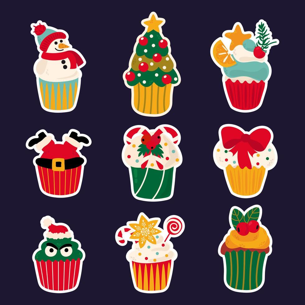 Set of Christmas cupcakes stickers. Santa Claus, Christmas tree, snowman, Grinch, lollipop, berries, gingerbread, bow, icing, decoration. Draw style. vector