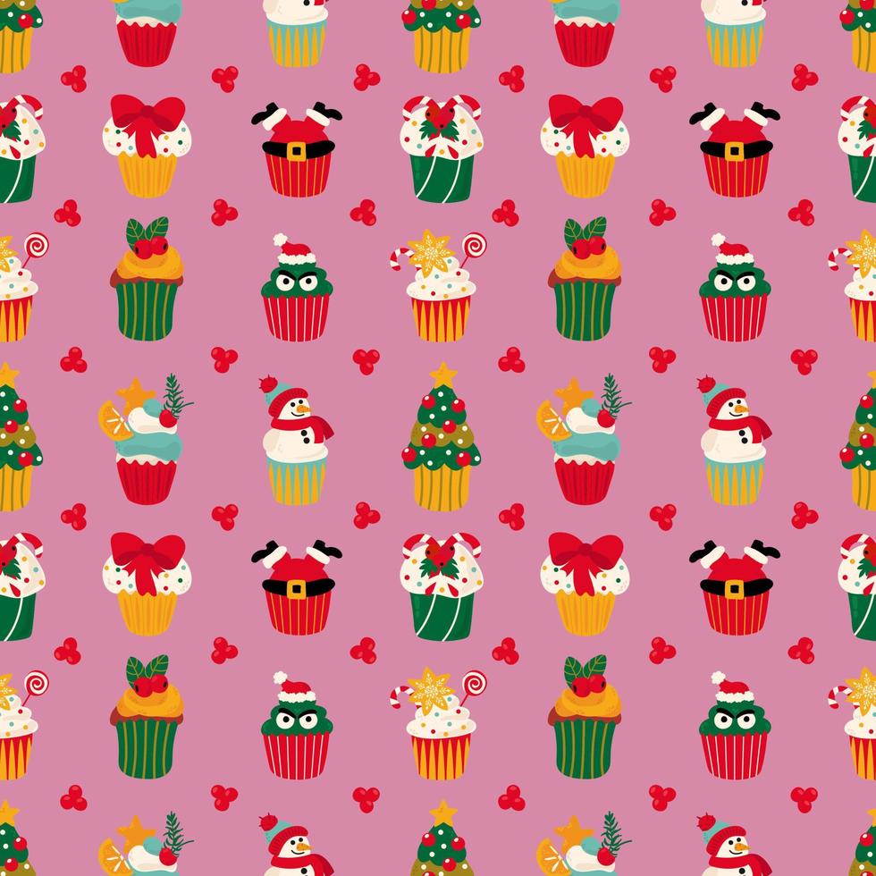 Seamless pattern with Christmas cupcakes. Design for fabric, textile, wallpaper, packaging, wrapping paper. vector