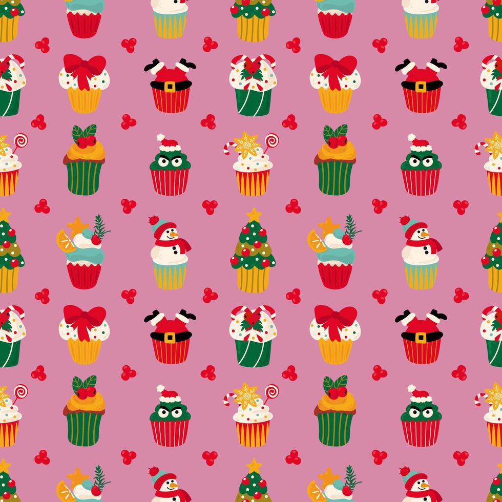 Seamless pattern with Christmas cupcakes. Design for fabric, textile, wallpaper, packaging, wrapping paper. vector