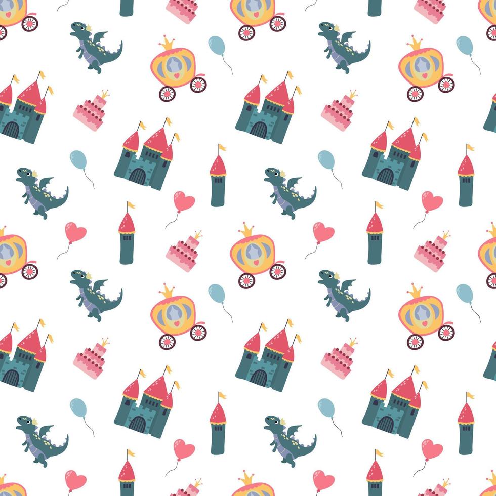 Seamless pattern with castle and dragon. Design for fabric, textile, wallpaper, packaging. vector