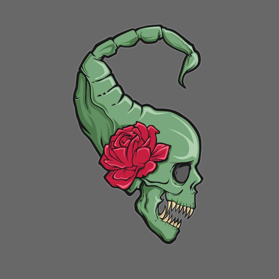 hand drawn scorpion headed skull, with red rose vector
