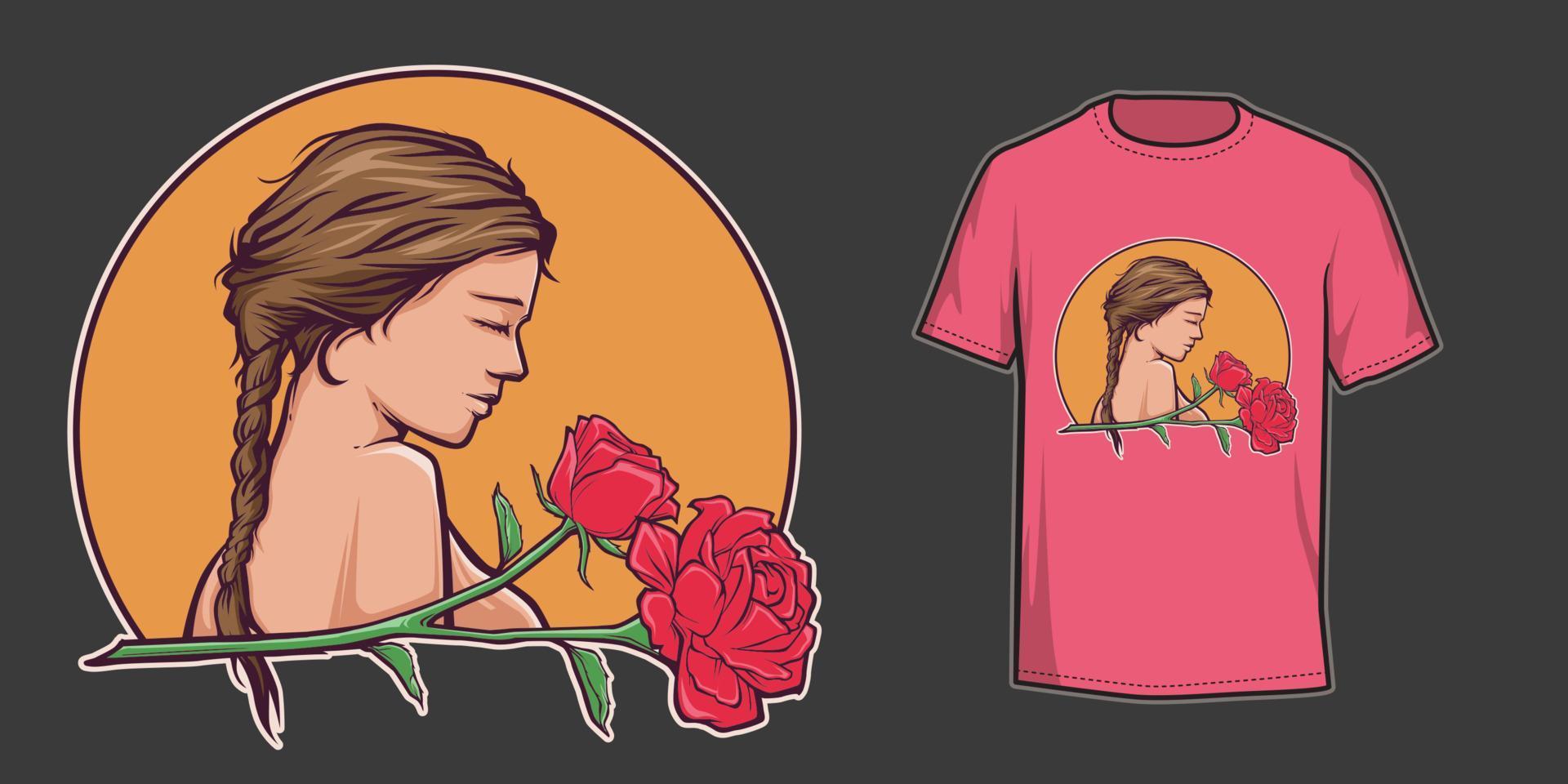diseño de camiseta con ilustración de flor de mujer y rosa vector