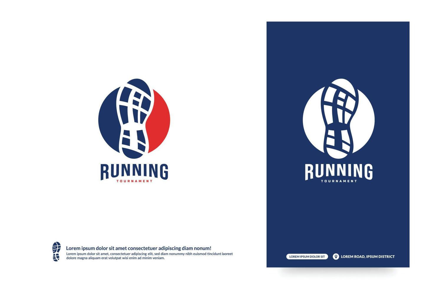 Running club logo with shoe print design template, Marathon tournament logptype, Sport team identity. Fitness, athlete training for life symbol, Creative lettering logo design vector