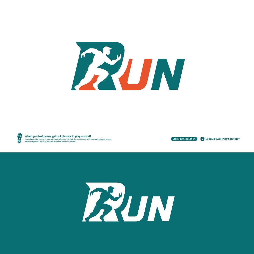 Run wordmark logo with runner inside, Nagative sapce Running club logo template, Marathon tournament logptype, Fitness, athlete training for life symbol vector